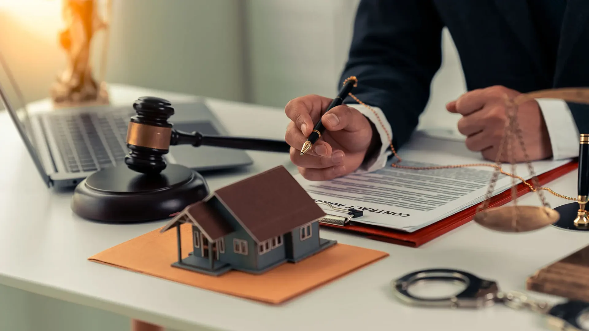 Gavel, house model, contract, and handcuffs on table.