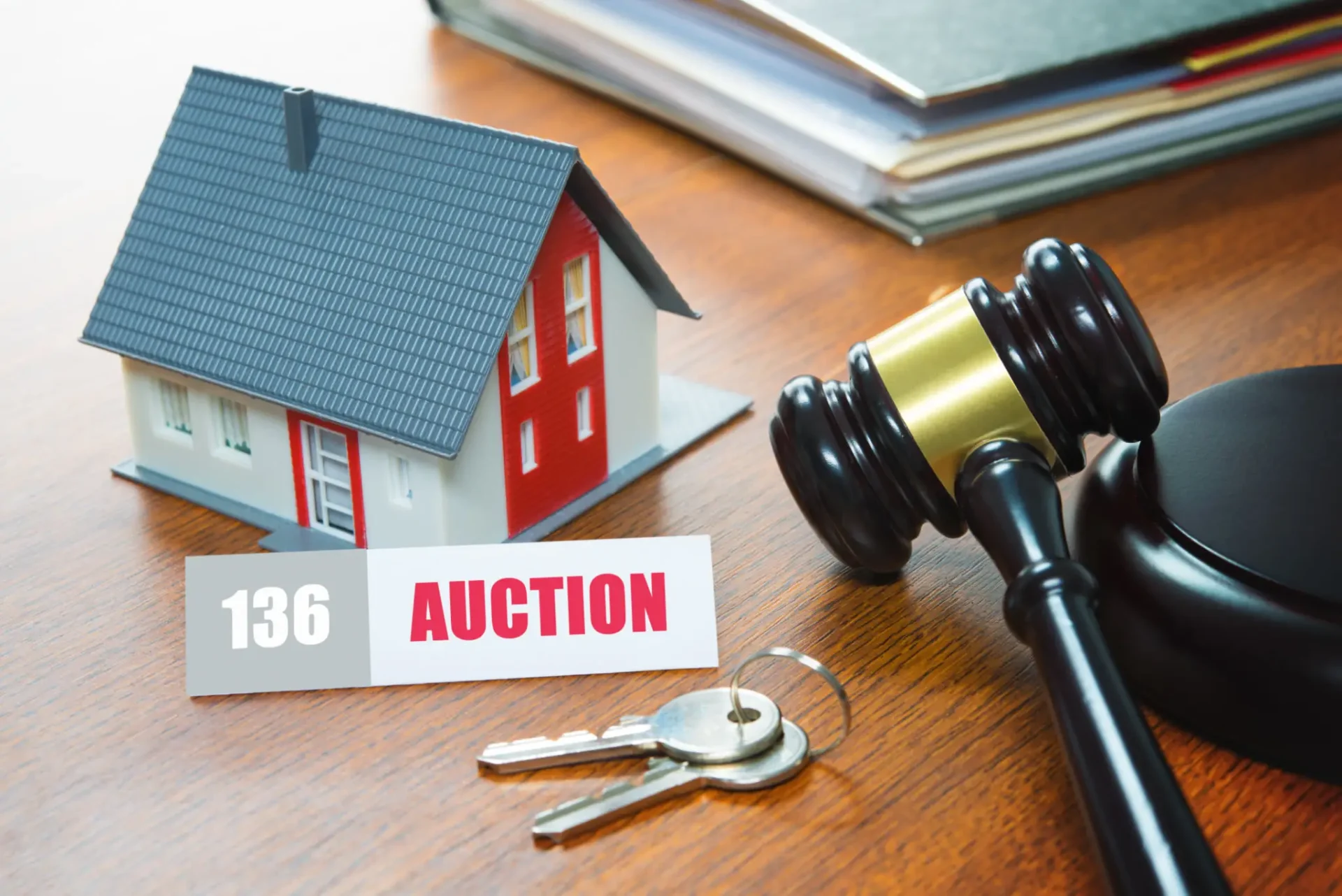 House auction with gavel and keys.