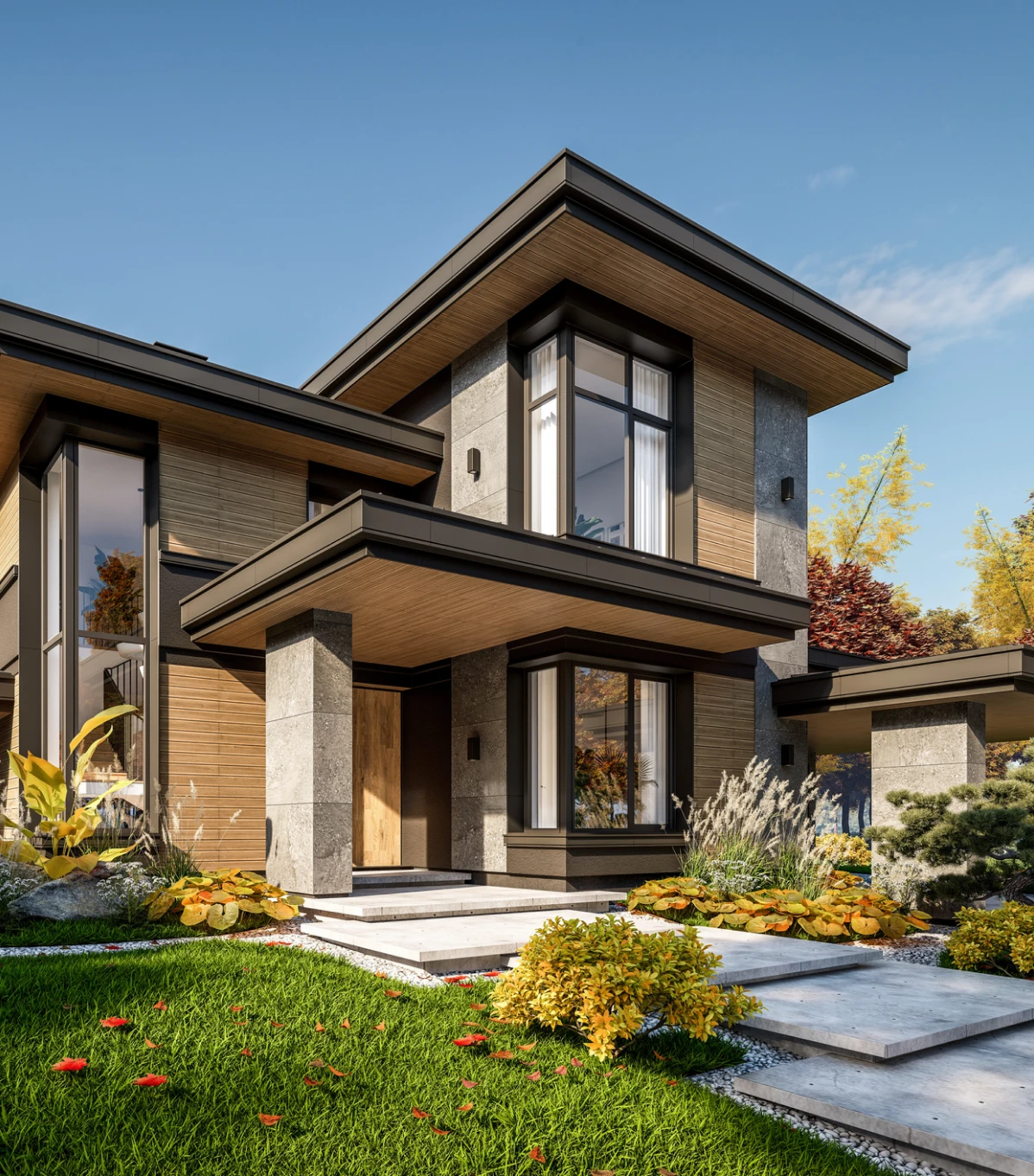 Modern house with landscaped garden and walkway.