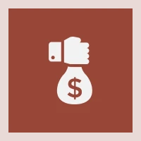 Hand holding money bag icon on brown.