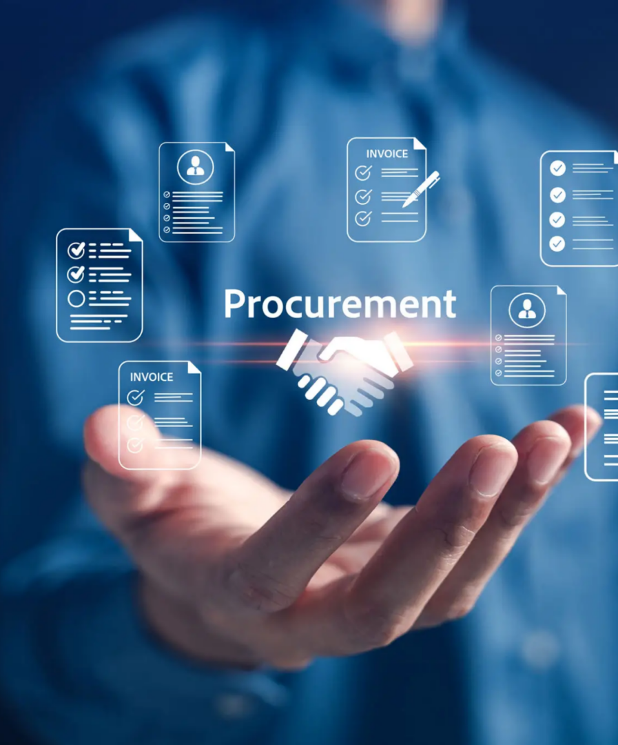 Hand holding digital procurement and invoice icons.